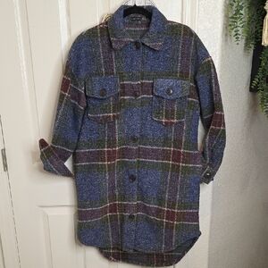 Black Tape Plaid Long Fleece Shirt Jacket in Blue, Green, and Red Small